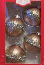 Christmas Ornament Set 4 Blown Glass Ball Beige Glitter &amp; Faux Jewels - £13.25 GBP