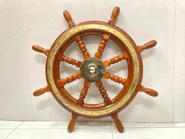 Nautical Collectible Wooden Ship Steering Wheel Brass, Ocean Wall Decor - £359.27 GBP