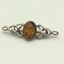  Vintage 925 Sterling Silver Amber Cabochon Pin Brooch Art Nouveau - £38.31 GBP