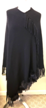Mitchie's 100% Wool Poncho with Fur and Fringe Detail One Size Black - $49.48