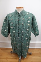 Vtg 90s Bugle Boy XL Green Gingham Short Sleeve Golf Club Flag Cotton Dad Shirt - £20.96 GBP