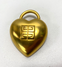 Vintage Givenchy Gold Tone Heart Brooch Pendant 2&quot; New York Paris Logo Designer - $88.11