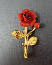 Metal Red Rose Brooch Pin Pinback Gold Toned Stem Flower Costume Jewelry - £7.26 GBP