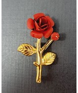 Metal Red Rose Brooch Pin Pinback Gold Toned Stem Flower Costume Jewelry - £7.23 GBP