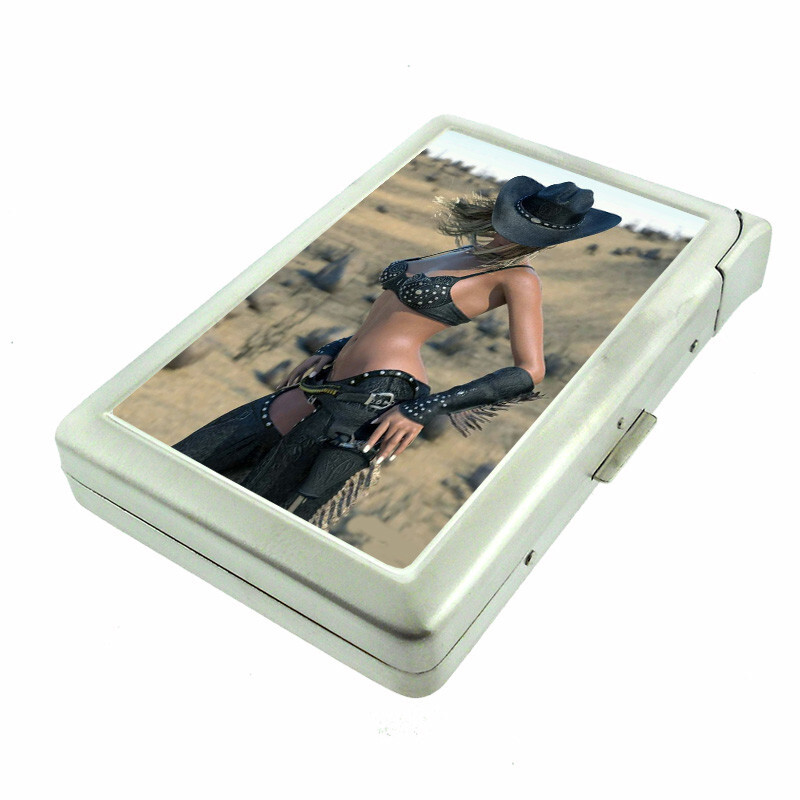 Wild West Pin Up Girls D2 100's Size Cigarette Case with Built in Lighter - $21.73 Wild West Pin Up Girls D2 100's Size Cigarette Case with Built in Lighter - $21.73