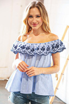 Blue/Navy Embroidered Ruffle Off Shoulder Blouse - £17.98 GBP