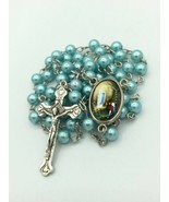 Catholic Blue Pearl Beads Rosary Necklace Our Lady of Lourdes Medal Cros... - £10.84 GBP