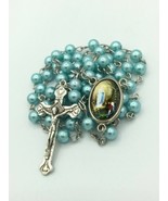 Catholic Blue Pearl Beads Rosary Necklace Our Lady of Lourdes Medal Cros... - $18.94 CAD