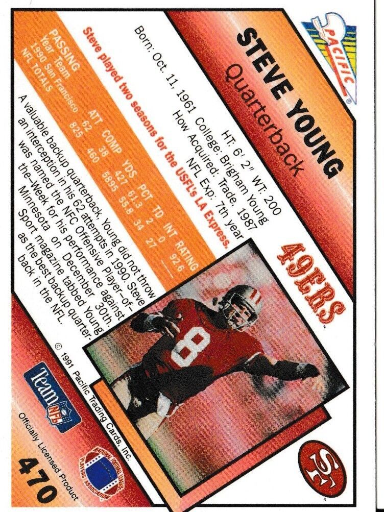 1991 Pacific Steve Young San Francisco 49ers #470 Football Card Item image 2