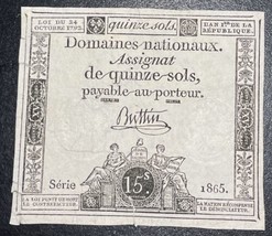 1792 (24 Oct) France French Revolution 15 Sols Assignat Series 1865 Bank... - $19.80