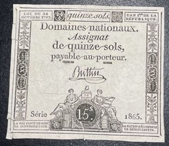 1792 (24 Oct) France French Revolution 15 Sols Assignat Series 1865 Bank... - £15.15 GBP