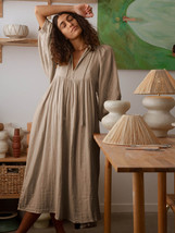 Cotton Plus Size Loose Lantern Sleeve Dress, Boho Retro V-neck Long Dress - $26.99