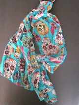 HALLOWEEN Day of Dead Skull Fashion Scarf Blue Teal Multicolored Poly 11&quot; x 60&quot; - £6.32 GBP