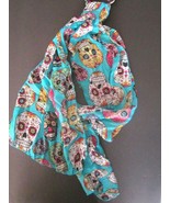 HALLOWEEN Day of Dead Skull Fashion Scarf Blue Teal Multicolored Poly 11... - £6.18 GBP