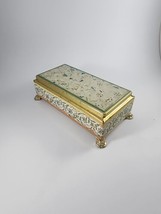 Vtg Fricke and Nacke Footed Tin Box Bird &amp; Floral Design Gold Blue Orang... - £19.32 GBP