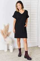 Zenana Black Rolled Short Sleeve V-Neck Mini Dress - £19.92 GBP