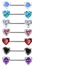 2PC Crystal Heart 316L Surgical Steel Nipple Piercing 14G Bar - Multiple Colors - £7.20 GBP