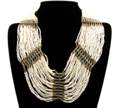 Seed Bead Bib Necklace Multi-Strand White Gold Brass Tone 22&quot; Boho Statement VTG - $24.16