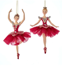 Kurt Adler Set Of 2 Regal Red Ballerinas w/CLEAR Gemstones Xmas Ornaments E0735 - £27.31 GBP