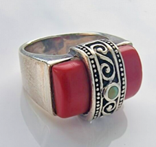 925 Sterling Silver Tibetian Red Coral And Turquoise Ring Size 7.25 - £32.86 GBP