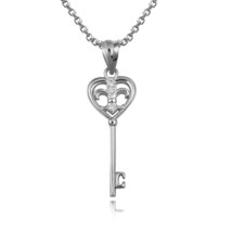925 Sterling Silver Fleur De Lis Key Heart Pendant Necklace - £18.95 GBP+