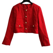 T Tahari Blazer Womens 8 Red Tweed Cropped Jacket Gold Button Holiday Of... - $39.40