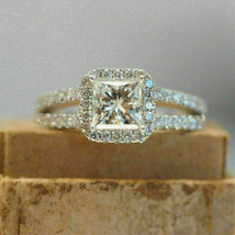1.50Ct Princess Cut Diamond Women&#39;s Halo Engagement Ring 14K White Gold Finish - £89.91 GBP