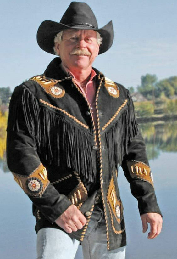 Men's Black Color Western Style Bone Beaded Patches Fringed Suede Leather Jacket