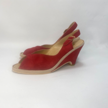 Nine West Womens Wedge Sandals Size 8.5 M Bright Red Suede Peep Toe Made Brazil - £35.04 GBP