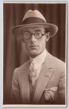 RPPC Dapper Gentleman Round Eyeglasses Pinstripe Suit Portrait Postcard M25 - £11.93 GBP