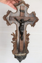 ⭐ antique French holy water font,religious hand carved cross,crucifix 19... - $54.45