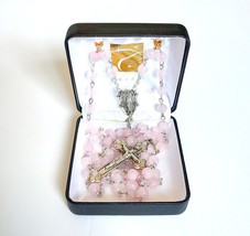 NEW Pink Rose Quartz Gemstone Bead Rosary Gift Boxed Italian Made Catholic - $29.99