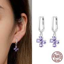 Real 925 Sterling Silver Purple Flower Heart Cross Drop Earrings for Women Trend - $23.87