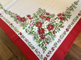 Vintage Christmas 51 x 51 Square Tablecloth Holly Poinsettias Pinecones - $25.74