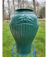 Vtg 80s Anchor HockingGreen Ribbed Pleated Floral Art Deco Abstract Desi... - $85.46 CAD