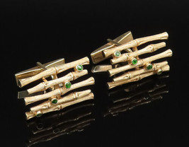 14K GOLD - Vintage Fancy Emerald Textured Bamboo Style Cuff Links - GOT059 - £1,057.06 GBP