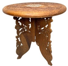 Anglo-Indian Carved Wood Inlaid Table Folding Base Wine Coffee Plant Stand - £105.87 GBP
