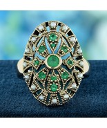 9K Yellow Gold Natural Emerald and Pearl Vintage Style Cocktail Ring - $1,300.00