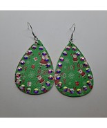 Christmas Earrings Teardrop Santa Snowflake green Bling flux leather hook - $6.93