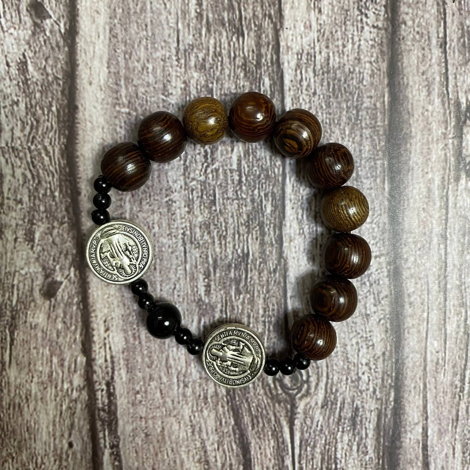 Black natural wood Catholic Bracelet with Miraculous Medal, Christian Br... - $17.90