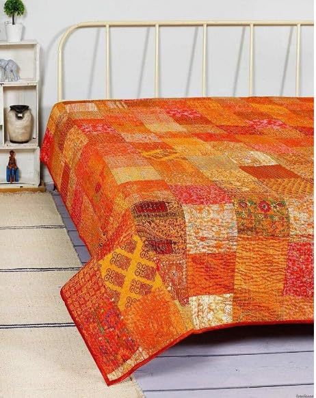 Generic Patchwork Quilt Bohemian Kantha Quilt Handmade Vintage Silk Quilts Twin