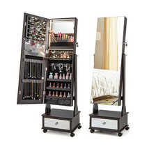 47 Inch Lockable Jewelry Cabinet Armoire with 3-Color LED Lights-Brown - £159.59 GBP