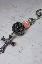 Rhinestone Ball Cross Black Silver Pink Split Ring Keychain Handmade New - £15.79 GBP