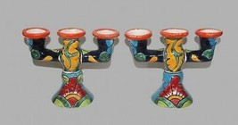2 Mexican Bright Colorful Handpainted TALAVERA 3-Hole Candlestick Holder... - $54.99