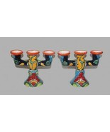 2 Mexican Bright Colorful Handpainted TALAVERA 3-Hole Candlestick Holder... - $54.99
