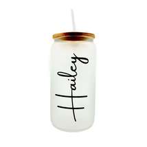 Personalized Name 16oz Sublimation Printed Glass Can Tumbler With Straw &amp; Bamboo - £11.58 GBP