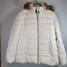 Tommy Hilfiger Womens Puffer Coat L White Zip Up Faux Fur Trim Hooded Pockets - £15.68 GBP