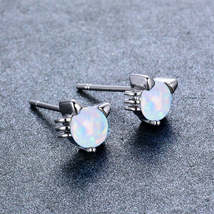 Opal &amp; Silver-Plated Kitty Stud Earrings - £11.87 GBP