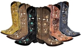 Womens Leather Boots Turquoise Flower Embroidered Western Wedding Snip Toe Botas - £77.52 GBP