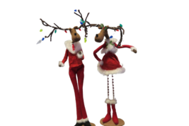 Christmas Mr And Mrs Reindeer Wood Plush Set Of 2 Figures 29&quot;T Lights Ha... - £22.89 GBP